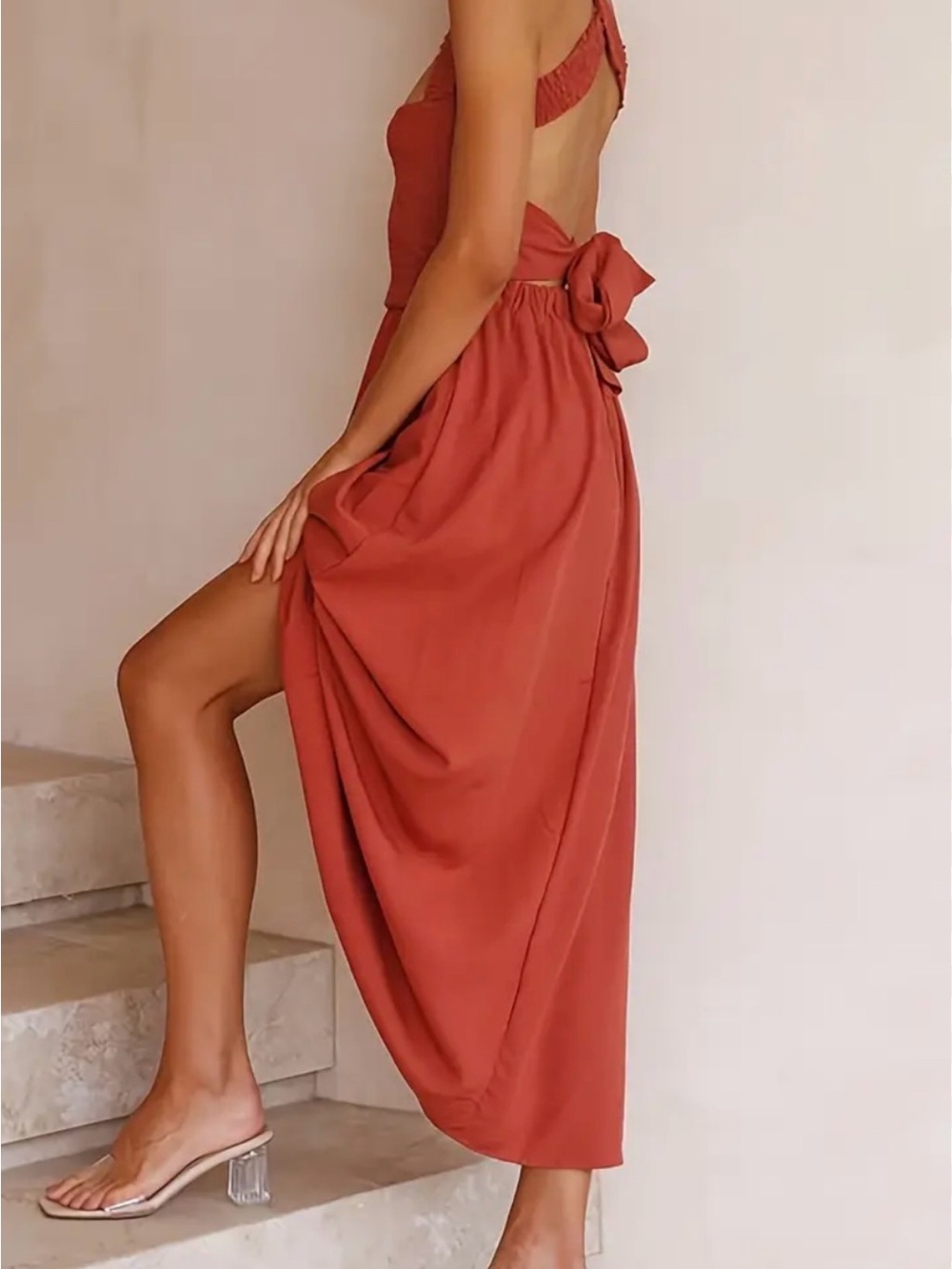 Backless Bow Midi Dress in Terracotta Red